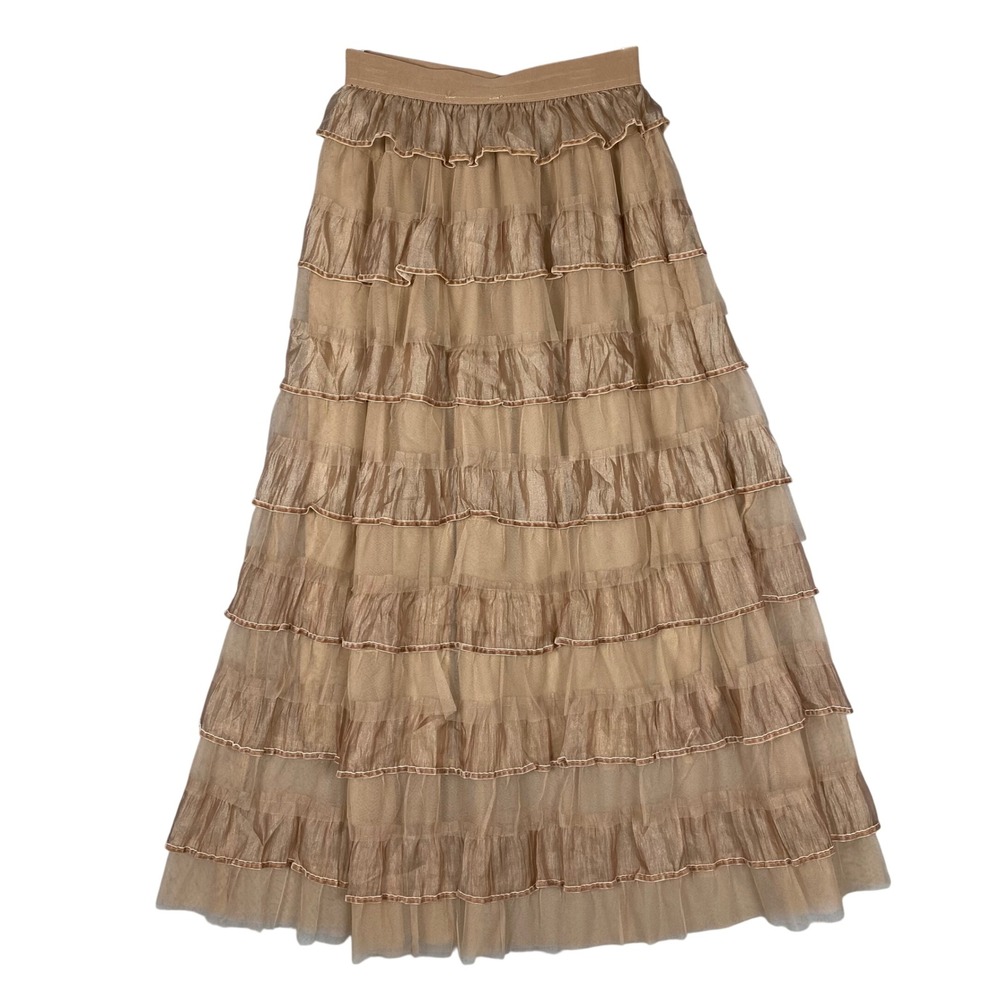 Studio West Tiered Ruffle Tulle Velvet Trim Maxi Skirt Womens S Champagne NEW - Picture 2 of 9